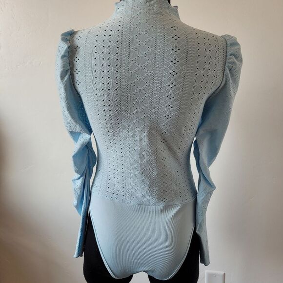 Blue Lace Bodysuit Long Sleeve Ruched Cottagecore Fairy Maiden Soft Girl S - Picture 4 of 9